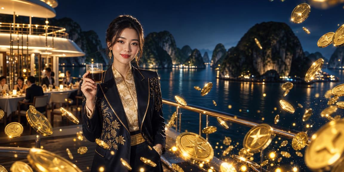 Phụ nữ Việt Nam áo dài trước vịnh Hạ Long với điện thoại thực hiện giao dịch